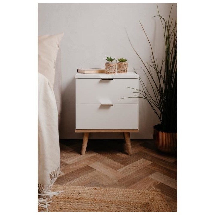 Chevet 2 tiroirs - Décor chene sonoma Blanc - L 40 x P 30 x H 51,9 cm