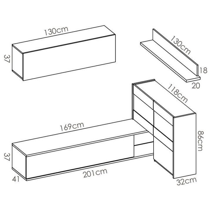 Ensemble meuble séjour living avec vitrine LED - Décor chene et blan
