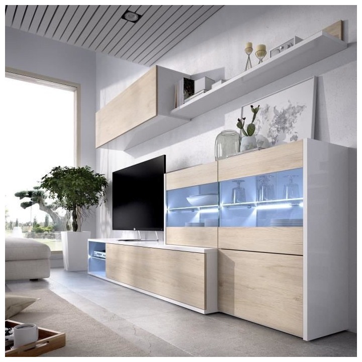 Ensemble meuble séjour living avec vitrine LED - Décor chene et blan