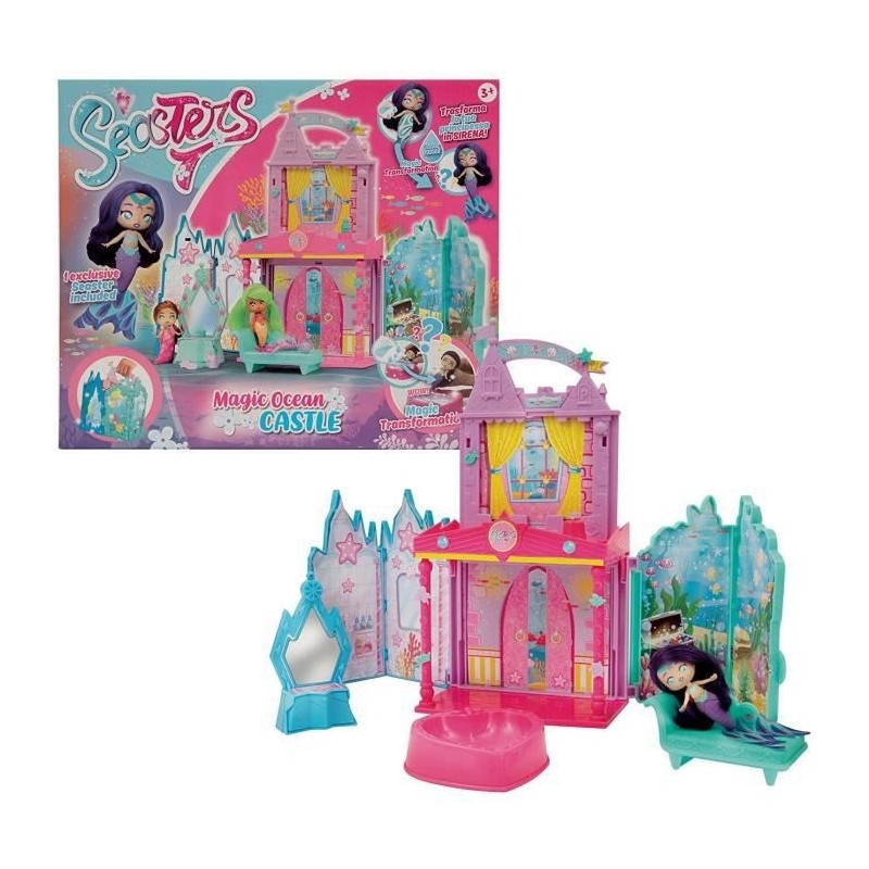 Seasters , Château avec poupée sirene surprise, Princesse qui se transforme en Sirene, avec accessoires secrets