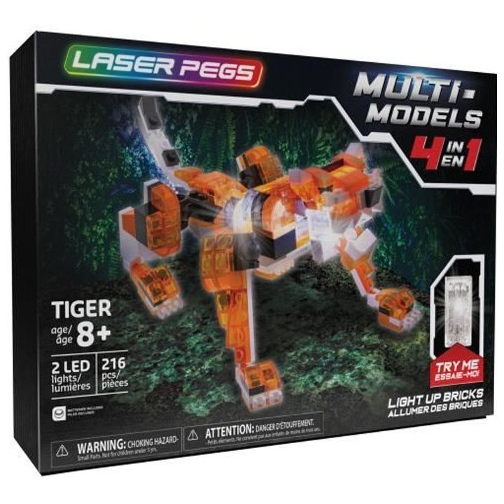 Laser Pegs, Tigre rouge - 4 en 1 - 216 pcs, Construction, brique lumin