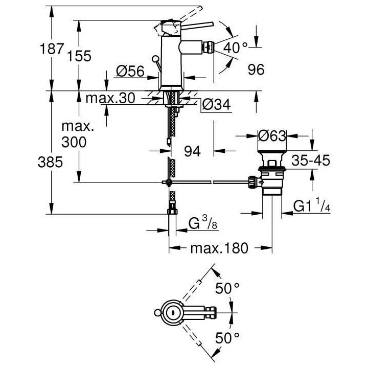 GROHE Mitigeur monocommande Bidet Start Classic, tirette de vidage, mo
