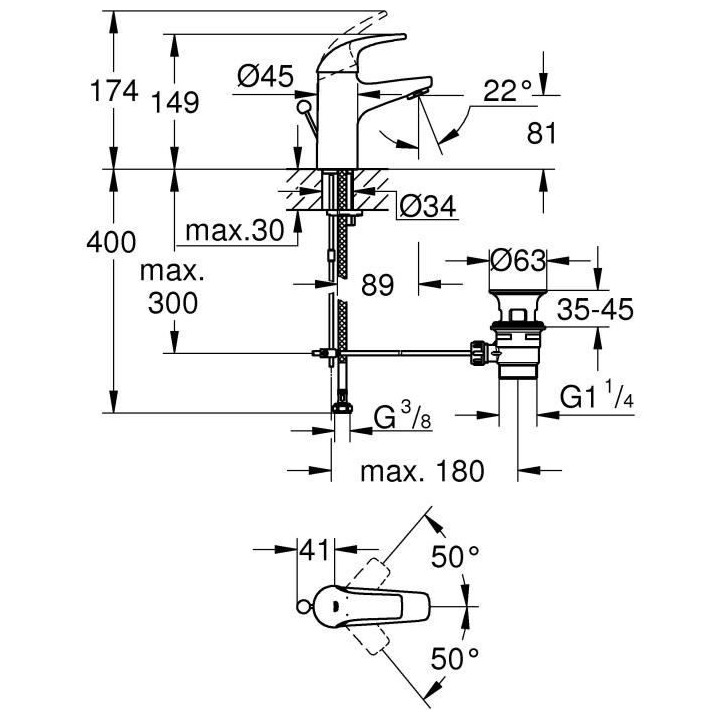 GROHE Robinet lavabo de salle de bains Start Curve, taille S, mitigeur