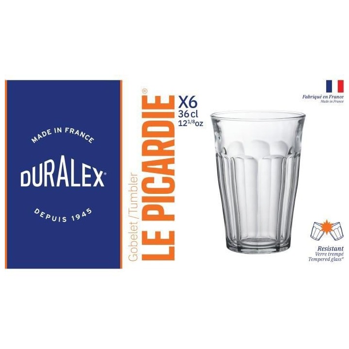 DURALEX Lot de 6 verres gobelets PICARDIE - 36 cl