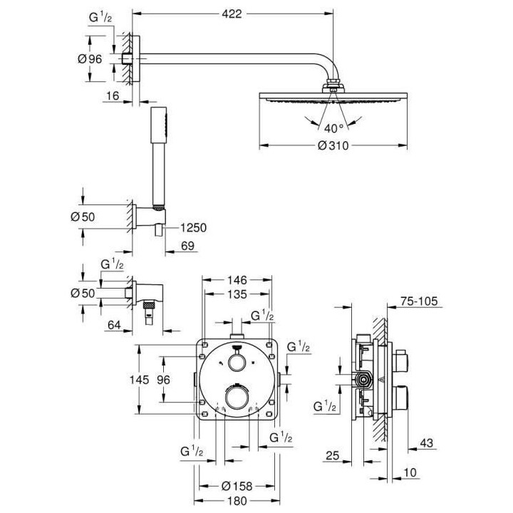 GROHE Ensemble de douche 2 jets Cosmopolitan 310 Grohtherm 34731000- C
