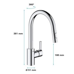 GROHE Robinet de cuisine évier Feel, douchette extractible, rotation 360°, bec en U, inverseur 2 jets, mitigeur cuisine 314860