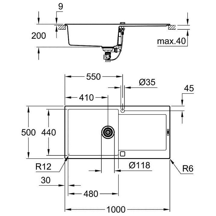 Evier 1 bac K500 GROHE - Egouttoir gauche - A encastrer - Installation