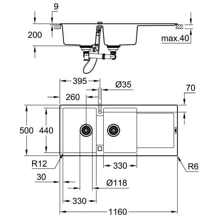 GROHE Evier composite avec égouttoir K500 1160 x 500 mm Gris granite