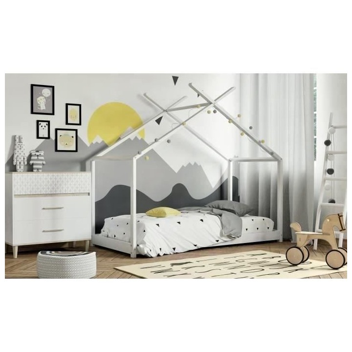 Lit cabane enfant ELIAH - 90 x 190 cm - Bois pin massif - Blanc - Somm