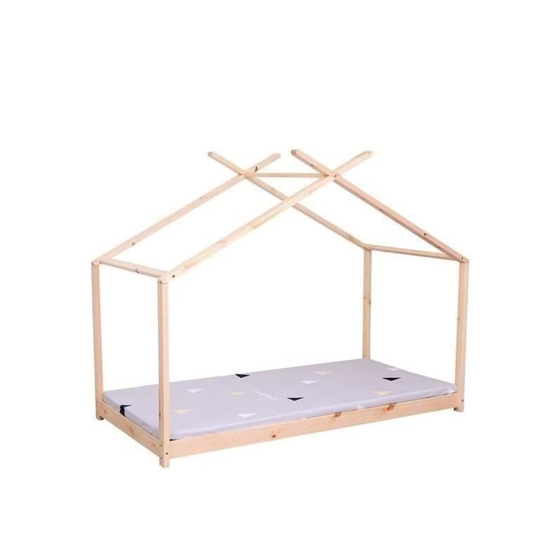 Lit cabane enfant ELIAH - 90 x 190 cm - Bois pin massif - Naturel - Sommier inclus