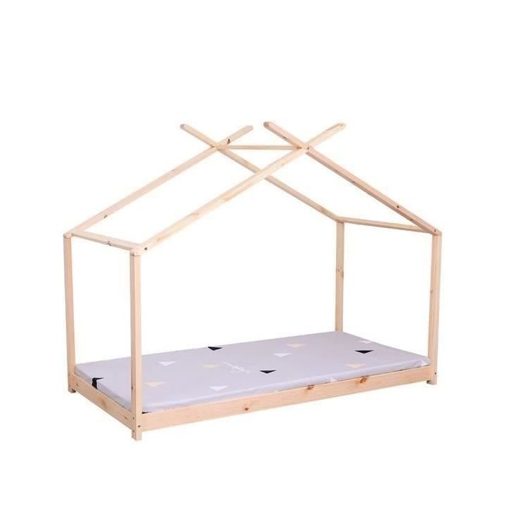 Lit cabane enfant ELIAH - 90 x 190 cm - Bois pin massif - Naturel - So