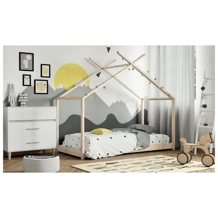 Lit cabane enfant ELIAH - 90 x 190 cm - Bois pin massif - Naturel - So