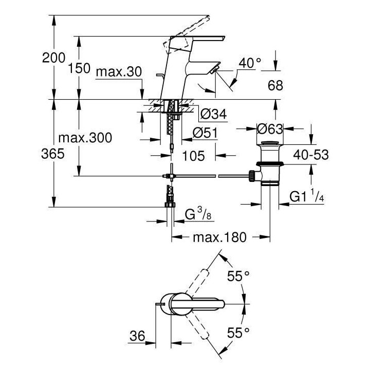 GROHE Robinet de salle de bains lavabo Feel, tirette, bonde clic clac