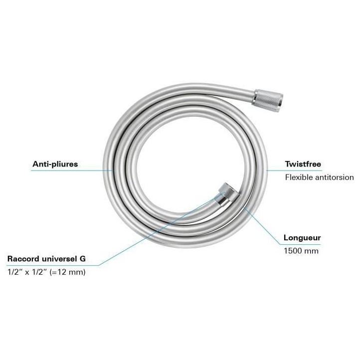 GROHE Flexible tuyau de douche salle de bains VitalioFlex Silver, 1500