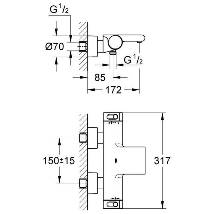 GROHE Mitigeur mural thermostatique bain/douche ½ Grohtherm 2000 3417