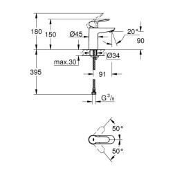 GROHE Robinet de salle de bains lavabo Start Edge, sans tirette, robinet mousseur économique d'eau, taille S, 23344000