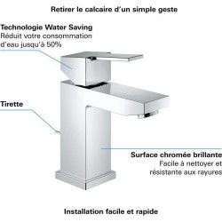 GROHE Robinet lavabo de salle de bains Sail cube, taille S, tirette de vidage, mitigeur avec mousseur économique d'eau, 2343500