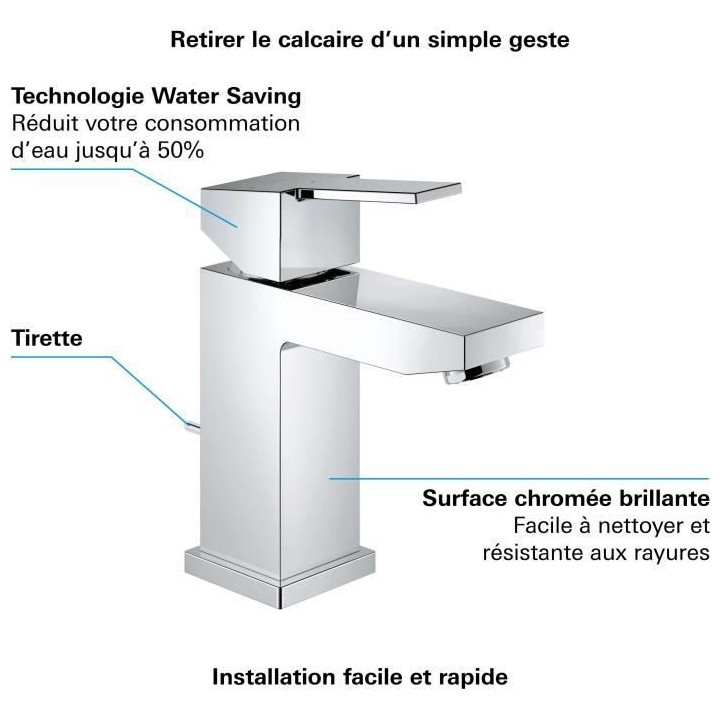 GROHE Robinet lavabo de salle de bains Sail cube, taille S, tirette de