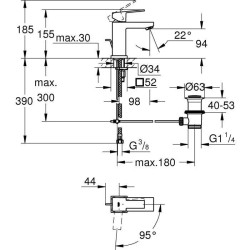 GROHE Robinet lavabo de salle de bains Sail cube, taille S, tirette de vidage, mitigeur avec mousseur économique d'eau, 2343500