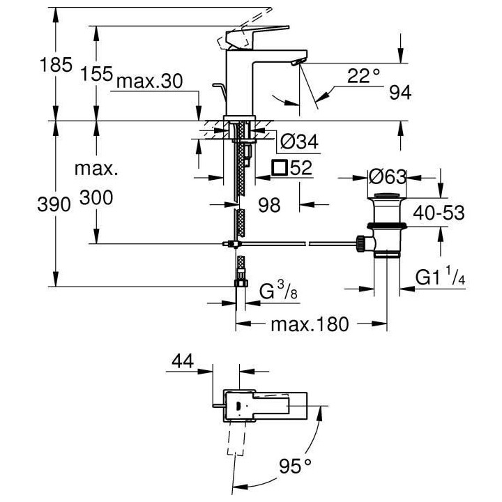 GROHE Robinet lavabo de salle de bains Sail cube, taille S, tirette de
