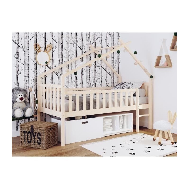 ELIDJA Lit cabane surélevé enfant 90x190 cm avec bacs de rangements - Pin massif - Bicolor Brut et blanc - Sommier inclus