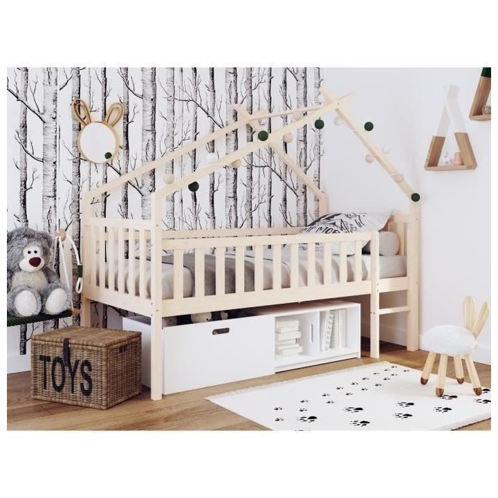 ELIDJA Lit cabane surélevé enfant 90x190 cm avec bacs de rangements