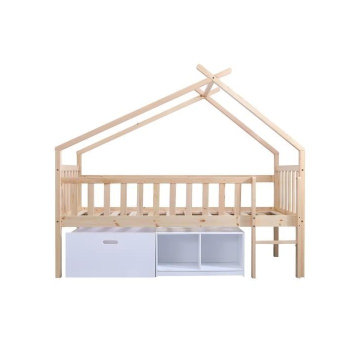 ELIDJA Lit cabane surélevé enfant 90x190 cm avec bacs de rangements