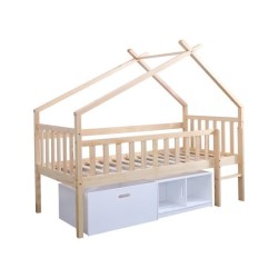 ELIDJA Lit cabane surélevé enfant 90x190 cm avec bacs de rangements - Pin massif - Bicolor Brut et blanc - Sommier inclus