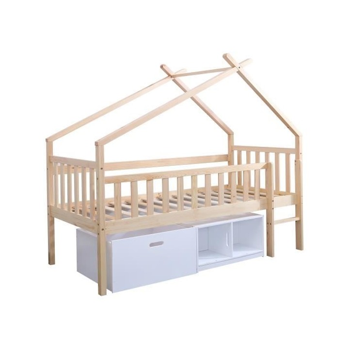 ELIDJA Lit cabane surélevé enfant 90x190 cm avec bacs de rangements