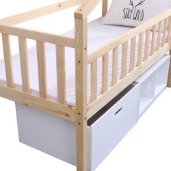 ELIDJA Lit cabane surélevé enfant 90x190 cm avec bacs de rangements - Pin massif - Bicolor Brut et blanc - Sommier inclus