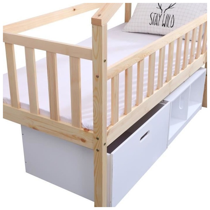 ELIDJA Lit cabane surélevé enfant 90x190 cm avec bacs de rangements