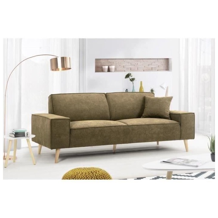 Hexagone - Canapé droit 3 places - Tissu Olive - L 216 x P 90 x H 80