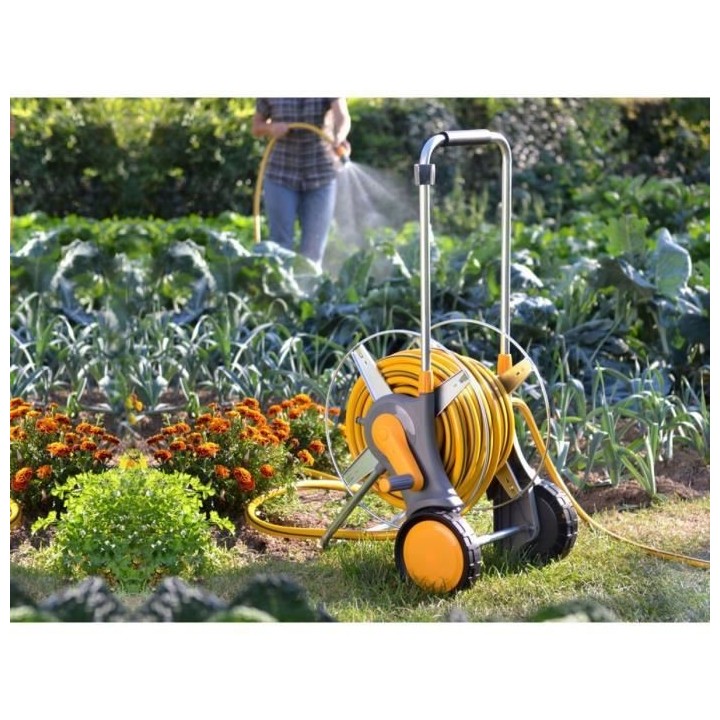 Grand dévidoir chariot métallique avec tuyau de 30 m et raccords - H