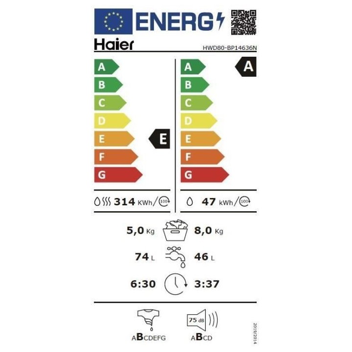 Lave-linge séchant HAIER HWD80-BP14636NFR - 8 / 5 kg - Induction - Va