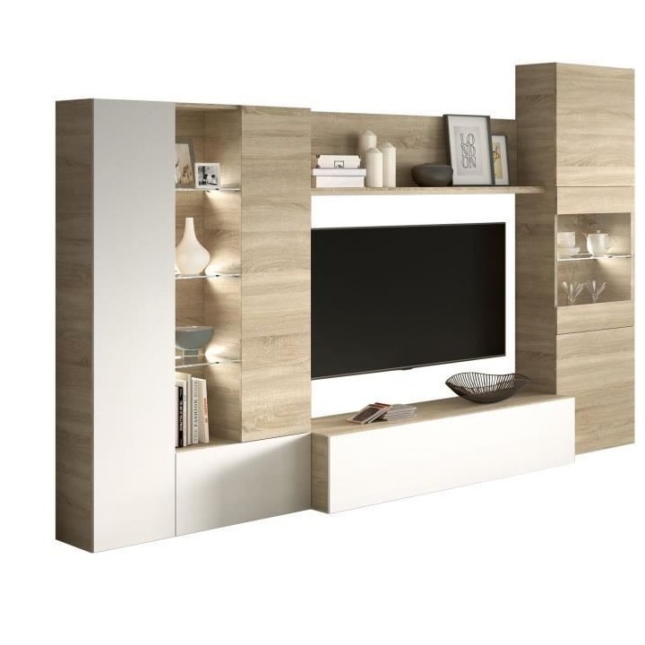 ESSENCIAL Meuble TV avec LED classique blanc brillant et décor chene