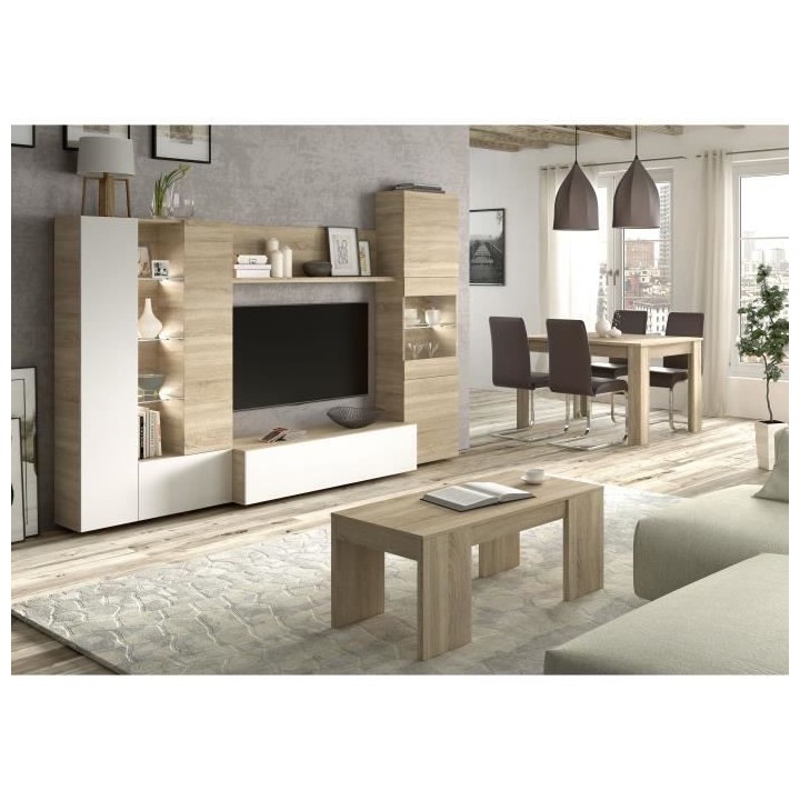 ESSENCIAL Meuble TV avec LED classique blanc brillant et décor chene