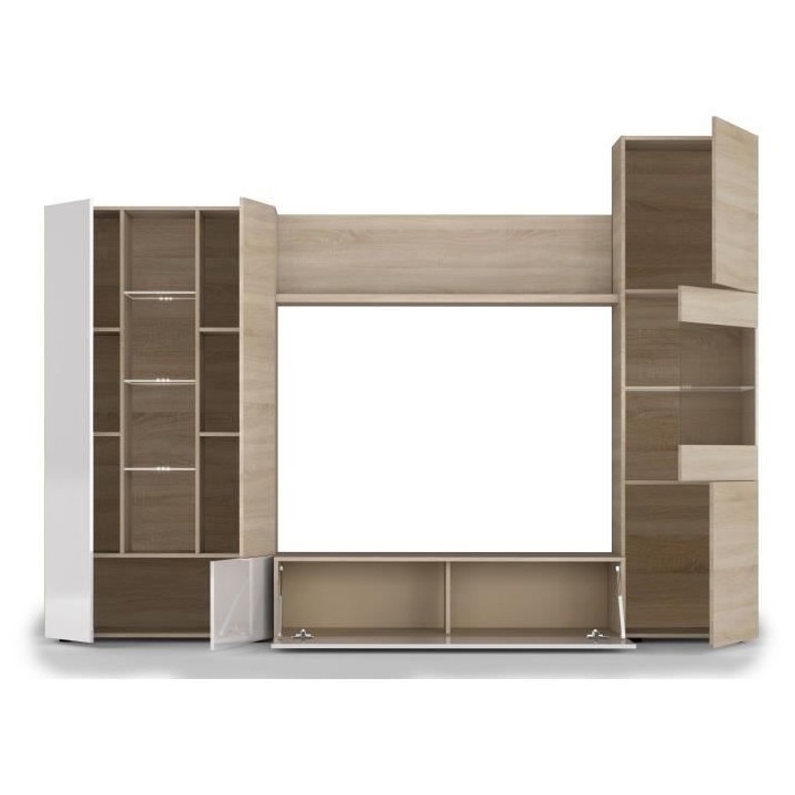 ESSENCIAL Meuble TV avec LED classique blanc brillant et décor chene