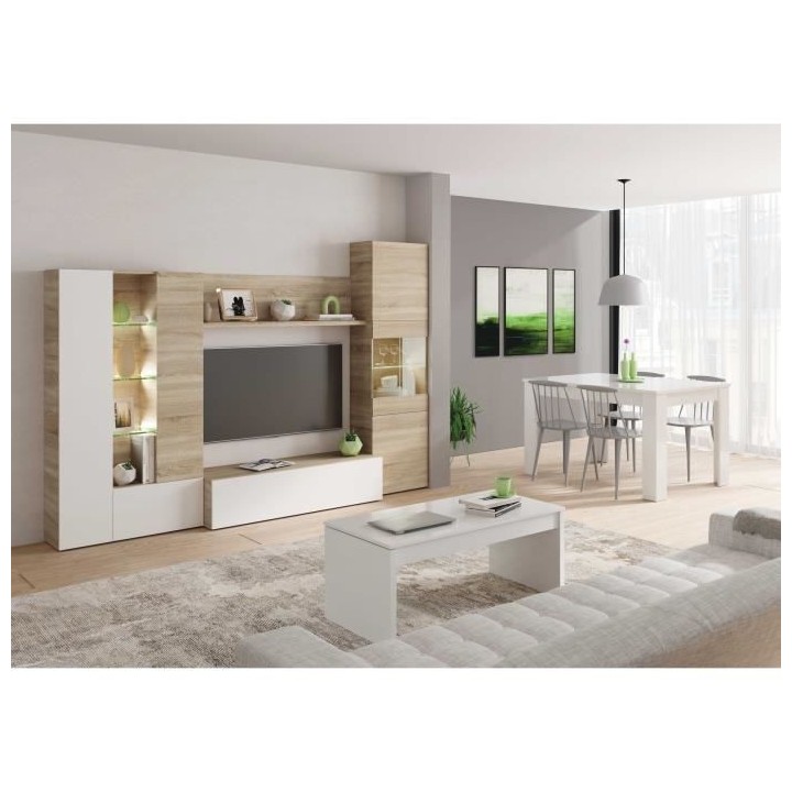 ESSENCIAL Meuble TV avec LED classique blanc brillant et décor chene