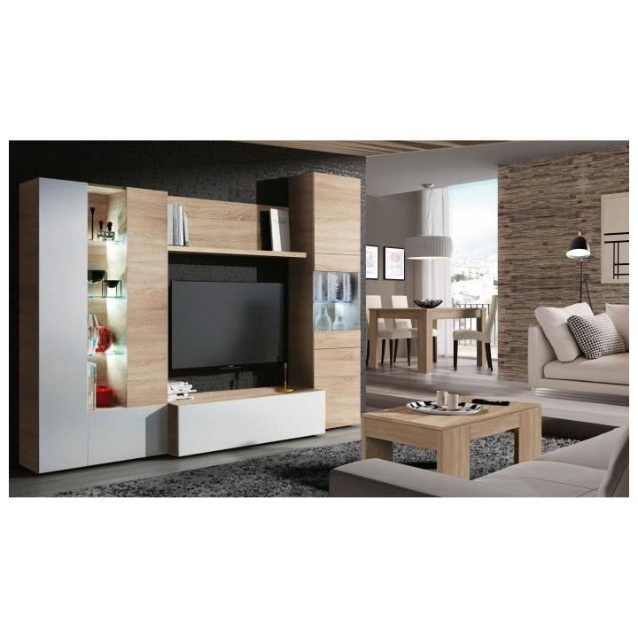 ESSENCIAL Meuble TV avec LED classique blanc brillant et décor chene