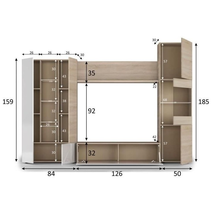 ESSENCIAL Meuble TV avec LED classique blanc brillant et décor chene