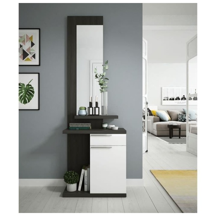 Meuble d'entrée - Blanc Brillant et Gris cendré- KENDRA