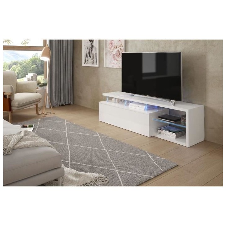 Meuble TV réversible BLUE-TECH - Mélaminé blanc laqué - 1 Porte ab
