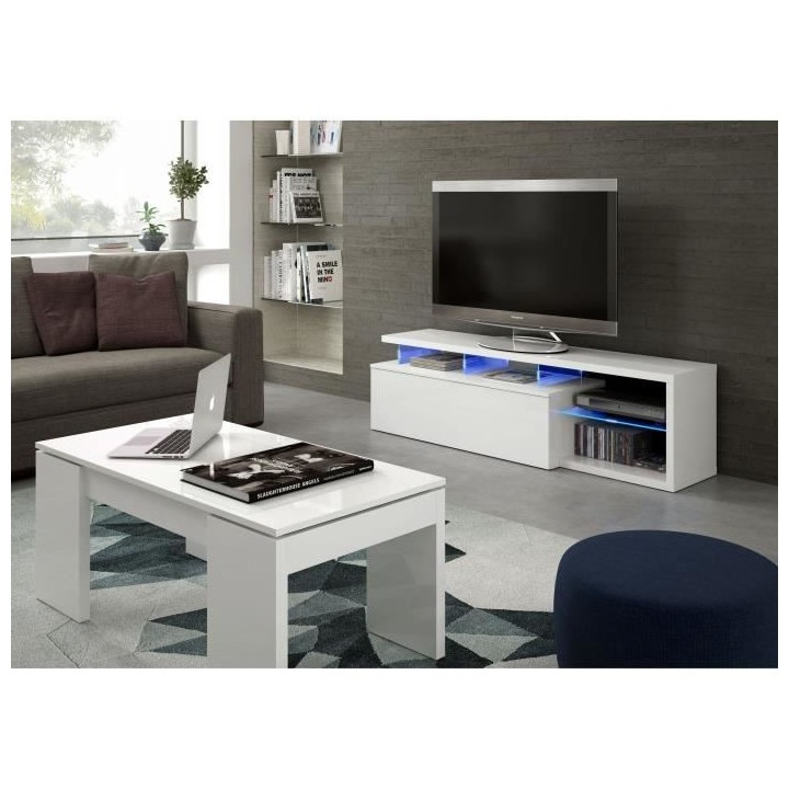 Meuble TV réversible BLUE-TECH - Mélaminé blanc laqué - 1 Porte ab