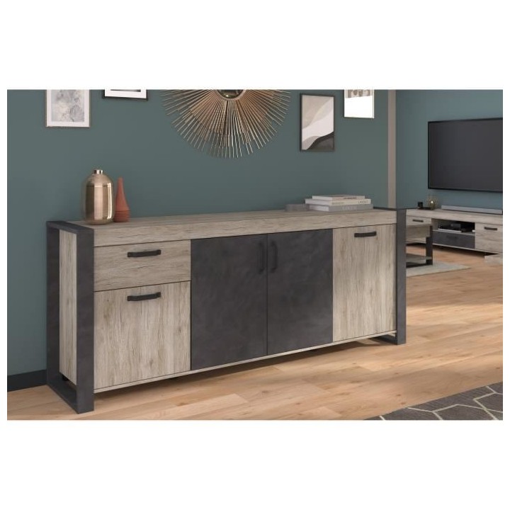 Buffet enfilade CESAR - Décor chene beige grisé et noir - 1 Tiroir e