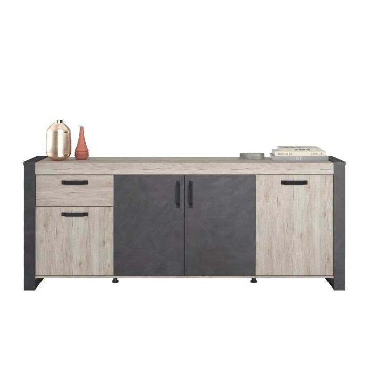 Buffet enfilade CESAR - Décor chene beige grisé et noir - 1 Tiroir e