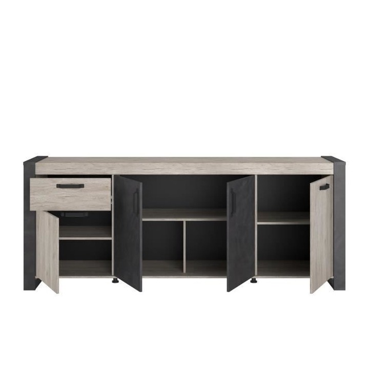 Buffet enfilade CESAR - Décor chene beige grisé et noir - 1 Tiroir e