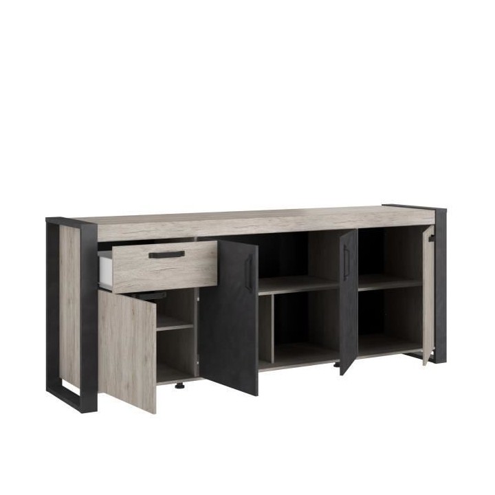 Buffet enfilade CESAR - Décor chene beige grisé et noir - 1 Tiroir e