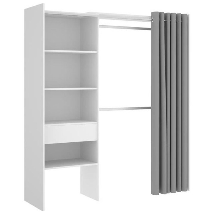 Dressing extensible avec rideau + 1 tiroir - Décor Blanc - L 160-113