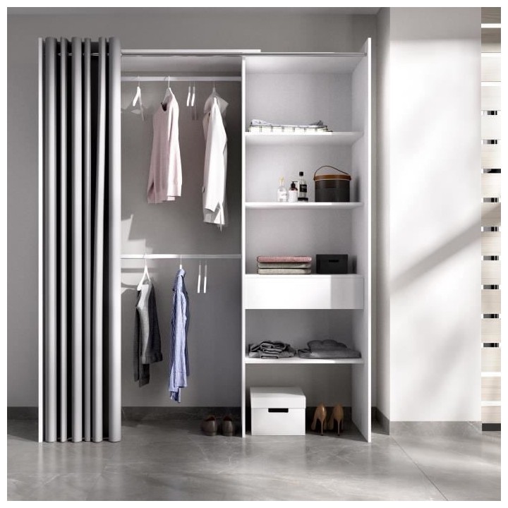 Dressing extensible avec rideau + 1 tiroir - Décor Blanc - L 160-113