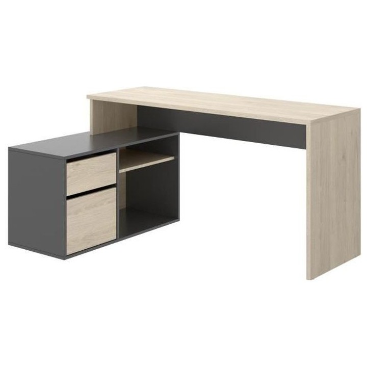 Bureau d'angle reversible 1 tiroir + 1 porte - Décor chene et gris -